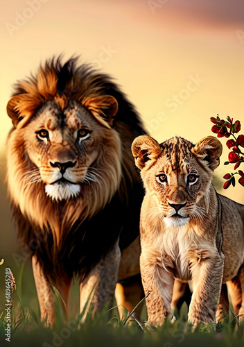 Lion family  cubs  love  photographic image with animals perfect for wall decoration . Ai Generative