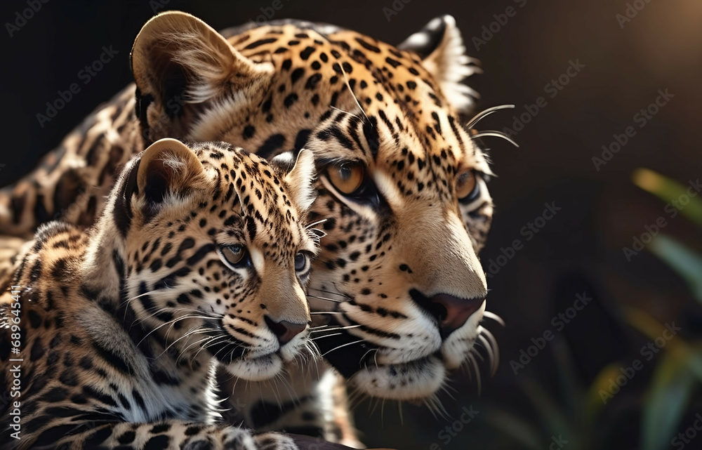 Obraz premium Jaguar Leopard family, cubs, love, photographic image with animals perfect for wall decoration