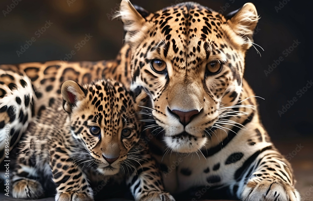 Obraz premium Jaguar Leopard family, cubs, love, photographic image with animals perfect for wall decoration . Ai Generative