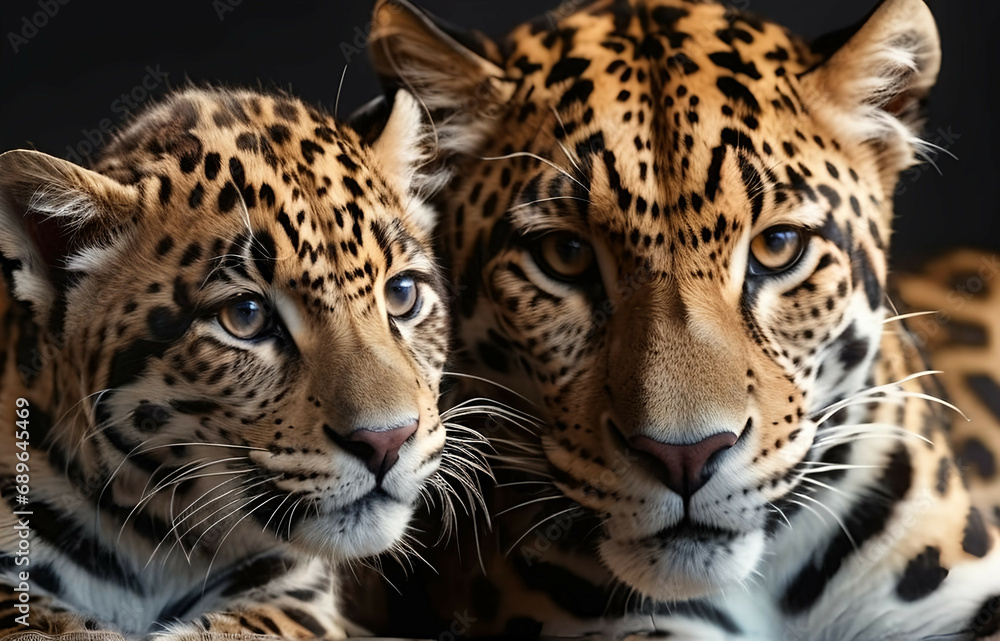 Fototapeta premium Jaguar Leopard family, cubs, love, photographic image with animals perfect for wall decoration . Ai Generative