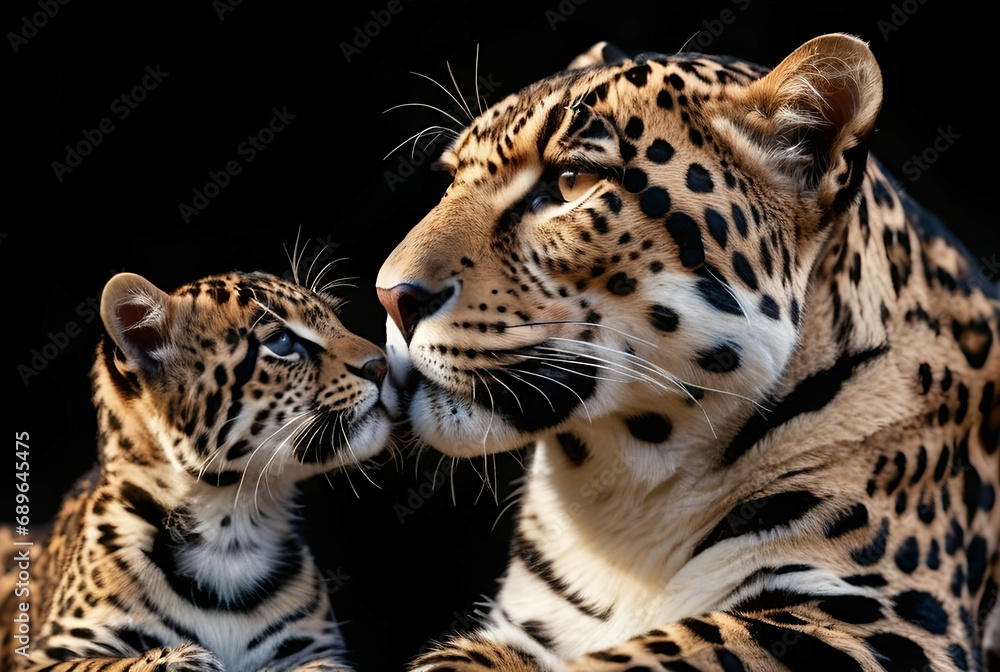 Obraz premium Jaguar Leopard family, cubs, love, photographic image with animals perfect for wall decoration . Ai Generative