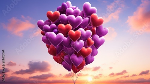 Bouquet of 100 balloons in the form of hearts in the clouds in the sky, with pronounced clouds, film photography, in a romantic style
