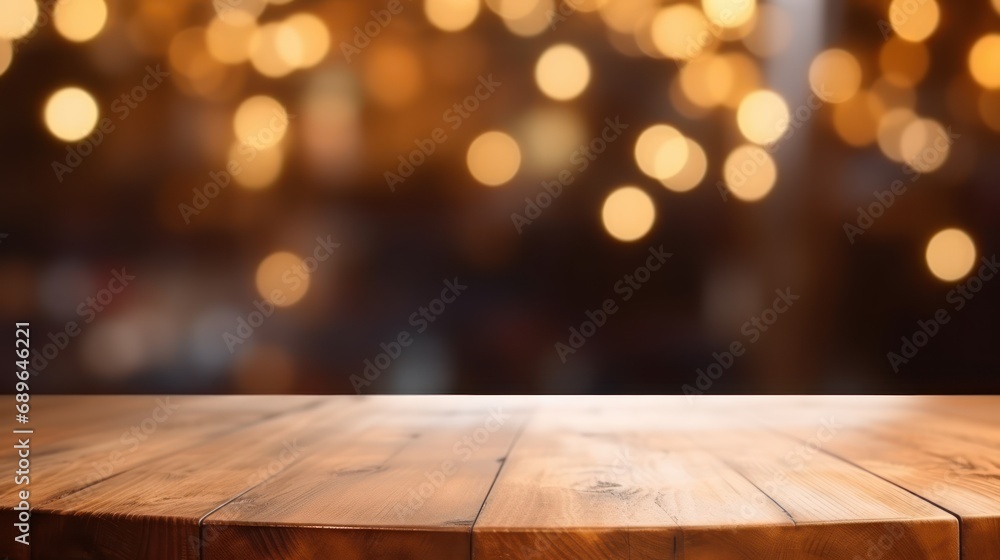 The empty wooden table top with blur background of restaurant at night. Exuberant image. 
