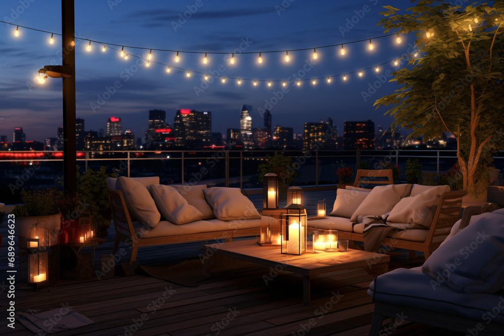 Hygge-style terrace furniture, a cozy atmosphere in the evening