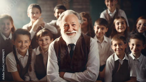 Happy old senior man working as teacher in school, educating young kids, classroom photography, smiling and looking at the camera, gray haired male professor in his 60s with children students