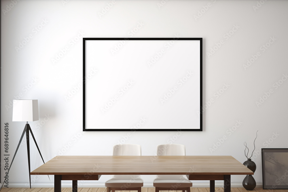 Fototapeta premium Empty picture frame mockup, white canvas in a stylish modern living environment
