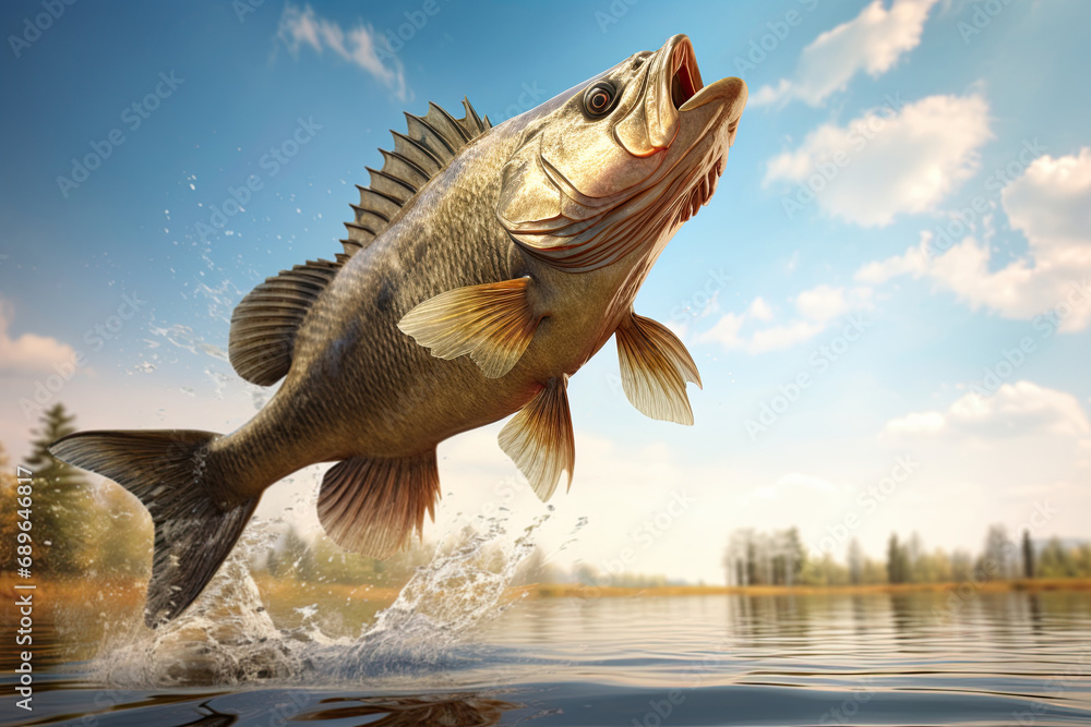 Yellow Perch jumping out of water. Fishing concept. Generative Ai Yellow Perch jumping out of water. Fishing concept. Generative Ai