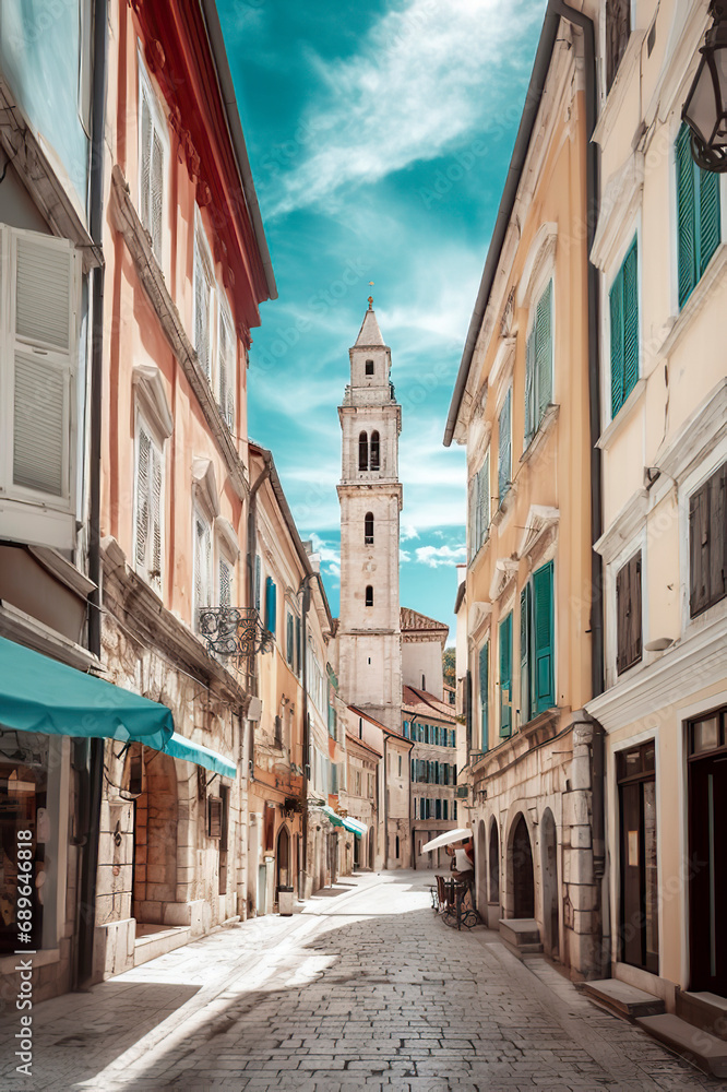 A narrow, cobblestone street in a European town, lined with colorful buildings and shops, leads to a tall bell tower under a blue sky, ai generative