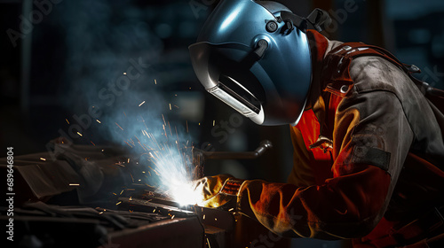 a welder at work, sparks flying, wearing protective gear, in a dark setting illuminated by the welding process, ai generative