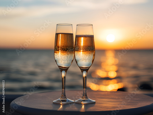 Two glasses of champagne on the background of the sea and sunset