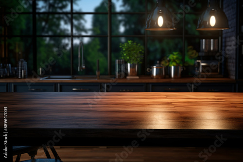 Empty wooden kitchen table with blurry kitchen background for product presentation