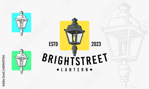  vintage bright street with lantern logo icon tamplate. retro street lamp hand drawn design illustration.