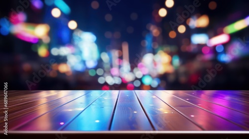 Empty wood table top on abstract blurred game center shop and nightclub lights background  photo
