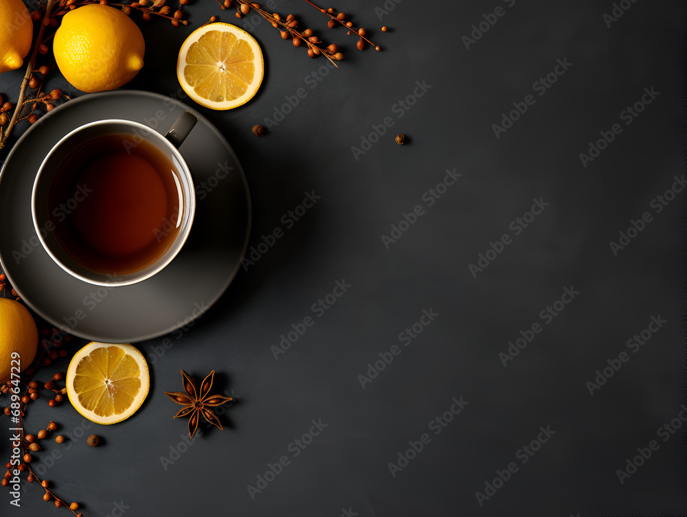 Overhead view of a cup of spiced black tea with lemon and autumnal styling