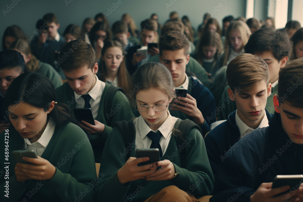 Students sitting in class staring at their phones - obrazy, fototapety, plakaty 