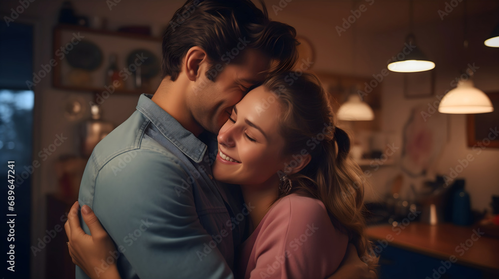 Handsome young man and beautiful woman happy, smiling, husband and wife hugging at home, happy family and marriage concept, close relationship, bond between spouses Handsome young man and beautiful woman happy, smiling, husband and wife hugging at home, happy family and marriage concept, close relationship, bond between spouses