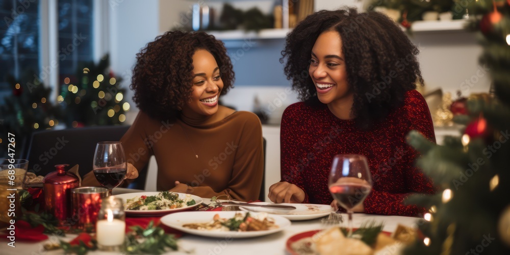 Happy african american woman and diverse friend in a christmas dinner in a modern home