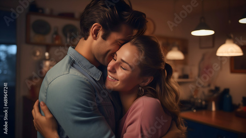 Handsome young man and beautiful woman happy, smiling, husband and wife hugging at home, happy family and marriage concept, close relationship, bond between spouses photo
