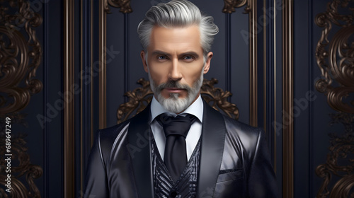 Handsome gray haired and bearded senior man in his 50s, standing in a fancy luxurious room, wearing a fashionable expensive deluxe suit and a tie. Stylish elderly gentleman © Nemanja