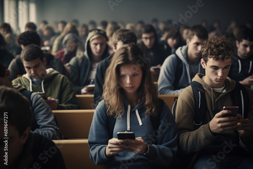 Students sitting in class staring at their phones