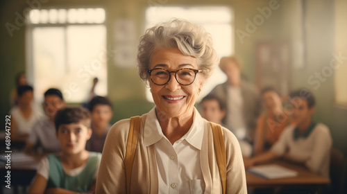 Happy old senior woman working as teacher in school, educating young kids, classroom full of children students, gray haired female professor with glasses smiling and looking at the camera