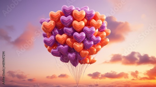 Bouquet of 100 balloons in the form of hearts in the clouds in the sky  with pronounced clouds  film photography  in a romantic style