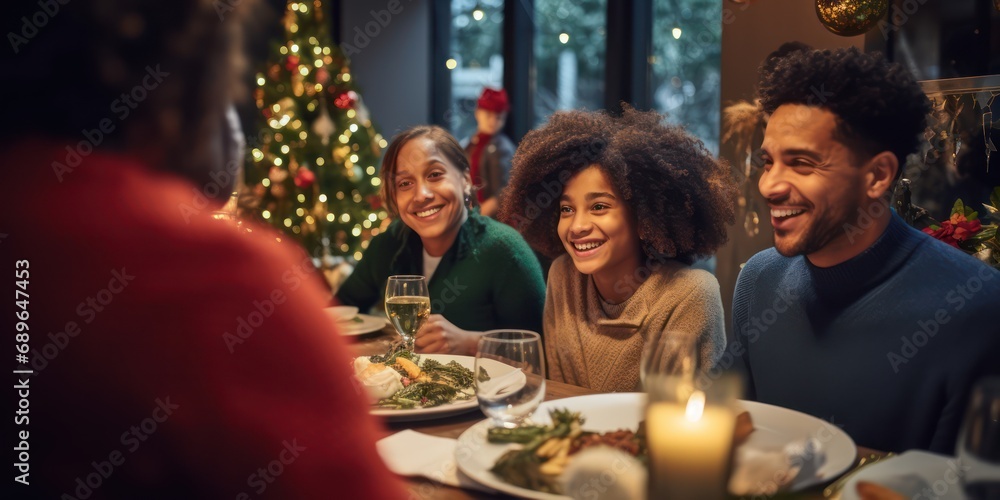 Happy friend and diverse family in a christmas dinner in a modern home 