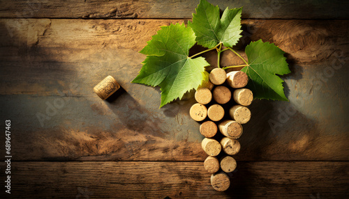 Close-up of a group of wine corks in the shape of a bunch of grapes with green vine leaves, on an old wooden table with copy space. 