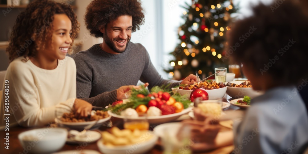 Happy little boy and diverse family in a christmas dinner in a modern home