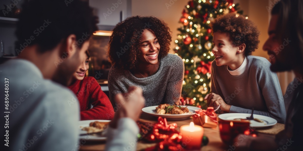 Happy little boy and diverse family in a christmas dinner in a modern home 