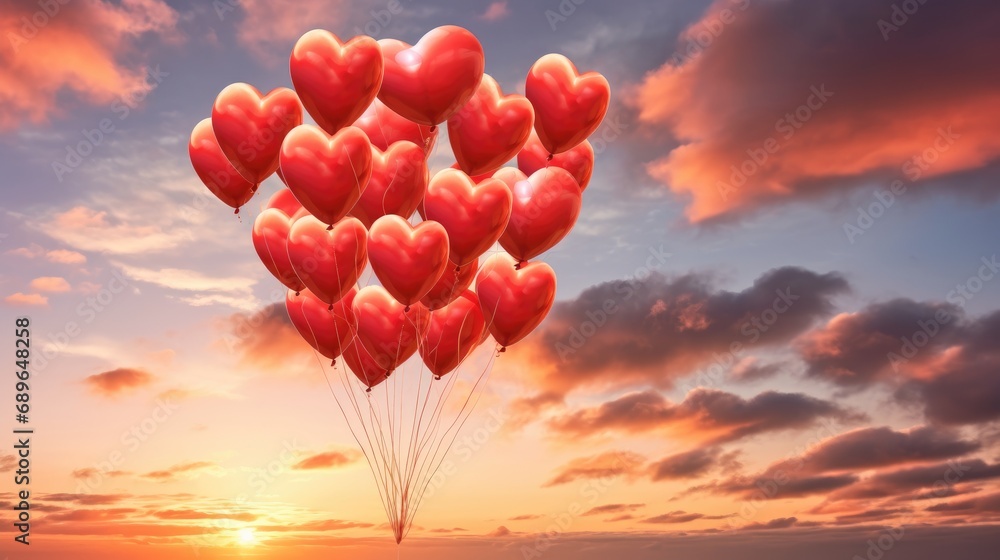 Fototapeta premium Bouquet of 100 balloons in the form of hearts in the clouds in the sky, with pronounced clouds, film photography, in a romantic style