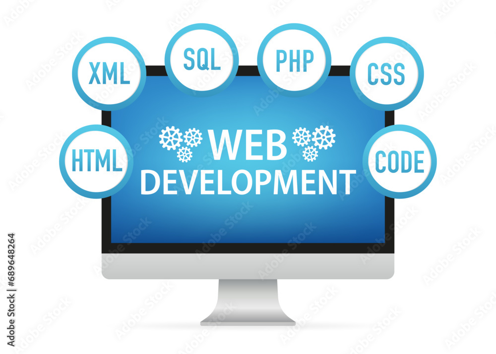 Web Development concept. Programming and coding. Computer with virtual screens on white background. Website development, web design. Vector illustration Web Development concept. Programming and coding. Computer with virtual screens on white background. Website development, web design. Vector illustration