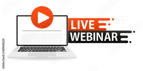 Free webinar play online button in Laptop notebook computer screen. Live webinar label on laptop screen. Can be used for business concept. Vector illustration