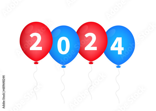 Happy new year 2024  realistic blue and red number balloons with serpentine. New Year s balloons to decorate your design  New Year  Christmas  advertising. Vector illustration
