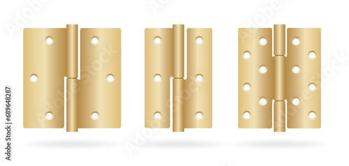 Door hinges realistic set. Classic industrial ironmongery golden. Isolated on white background. Simple entry door metal hinge icon. Vector illustration photo
