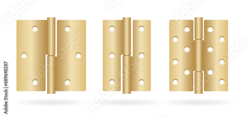 Door hinges realistic set. Classic industrial ironmongery golden. Isolated on white background. Simple entry door metal hinge icon. Vector illustration