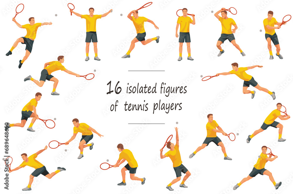 16 figures of a tennis player in yellow sportswear standing, running, rushing, jumping, hitting, serving, receiving the ball