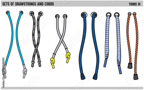 SET OF DRAWSTRINGS AND CORD FOR WAIST BAND, BAGS, SHOES, JACKETS, SHORTS, PANTS, DRESS GARMENTS, DRAWCORD AGLETS FOR CLOTHING AND ACCESSORIES VECTOR ILLUSTRATION