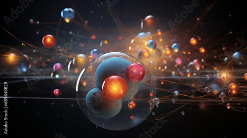 Fiction illustration of a group of atoms  nuclei and electrons in dynamic motion in subatomic matter for scientific journals on physics  chemistry and atomic science. Micro and nano universe concept
