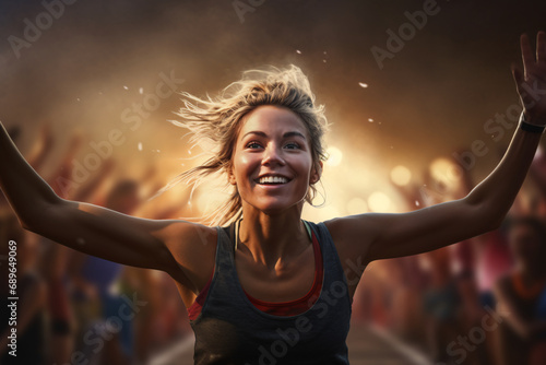 A female marathon runner cheering on the finishing line photo