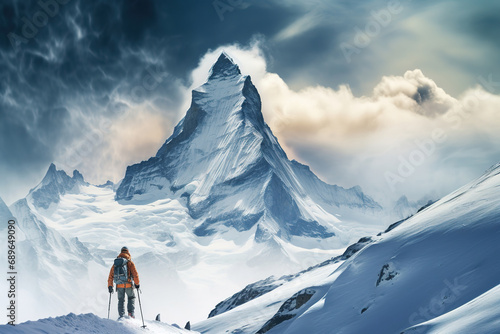Skier in front of mountain landscape