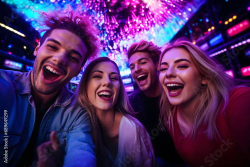 A group of friends taking a selfie in a nightclub