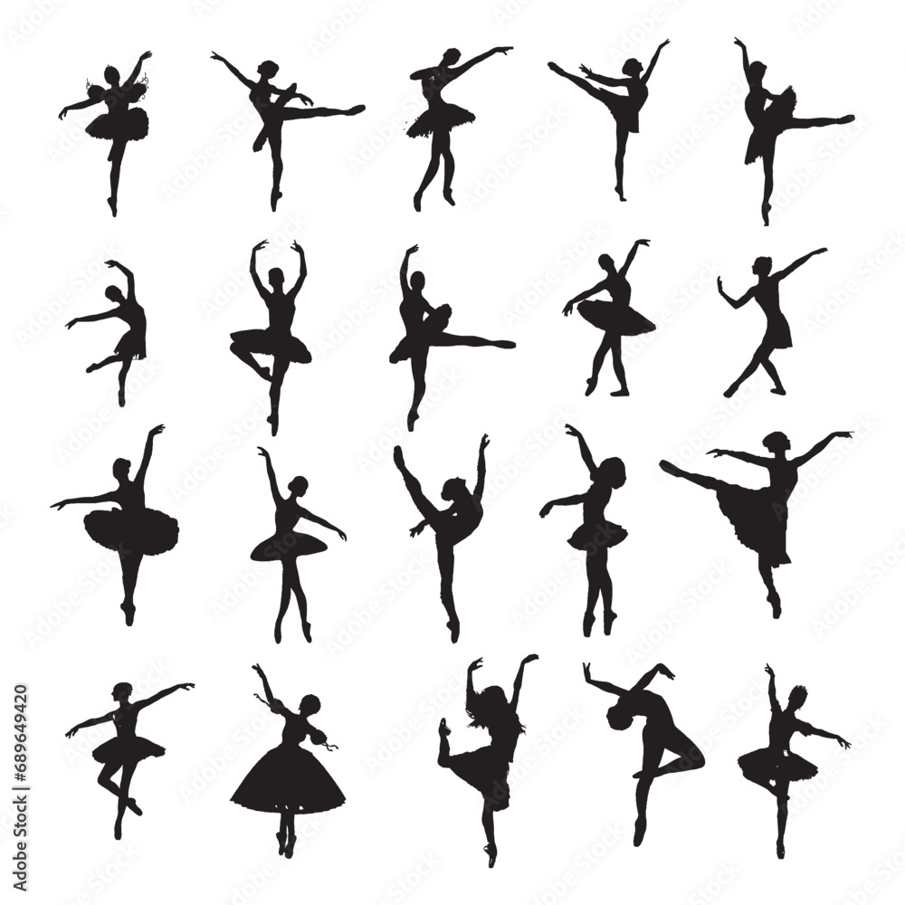 Ballerina silhouette Dancers isolated on white background. Vector female ballet dancers art illustrations. - obrazy, fototapety, plakaty 