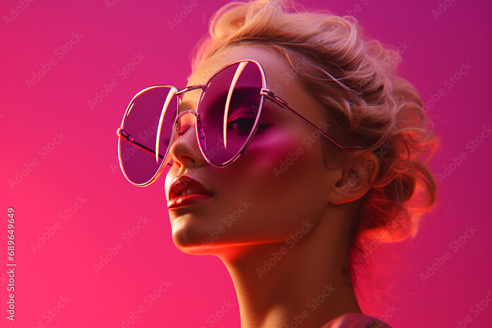 Fashion portrait of a blond model in front of a pink background Fashion portrait of a blond model in front of a pink background