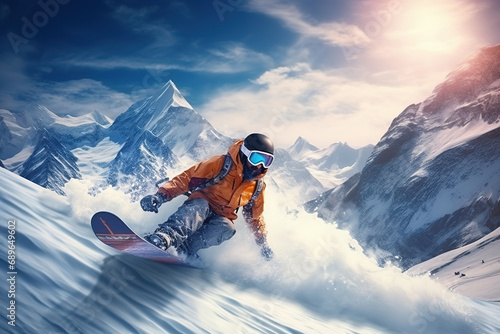 Real professional snowboarder rides at off-piste ski slope. Winter sports concept © arhendrix