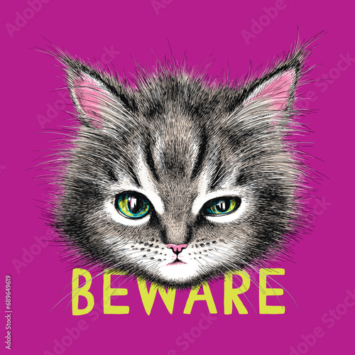 Cute and grumpy little kitten. Realistic drawing of  cat head. Beware illustration. Stylish image for printing on any surface