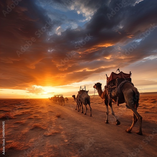 A camel caravan in the desert. Great for stories of adventure, the desert, Sahara, nomads, Middle East and more. 