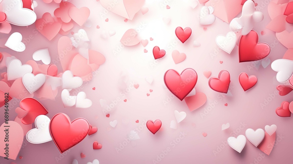 A white card surrounded by hearts, in the style of light pink and red, aerial photography