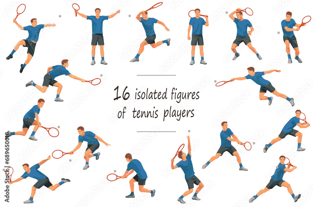 16 figures of a male tennis player in a blue casual uniform in various poses and movements playing a set at a tournament 16 figures of a male tennis player in a blue casual uniform in various poses and movements playing a set at a tournament