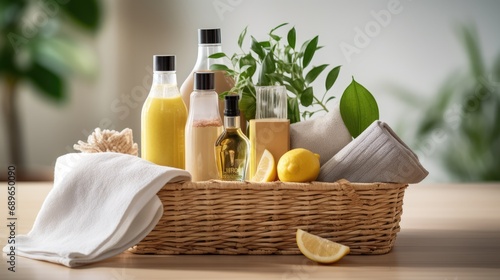 Set of natural products cleaning and washing products in wood basket on table
